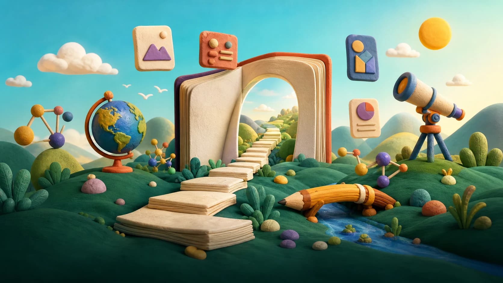 A colorful sculpted learning world with books, a globe, science models, and a telescope